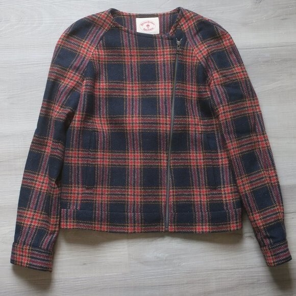 Brooks Brothers womens tartan plaid jacket wool navy red zip 2 Red Fleece preppy - Picture 1 of 9